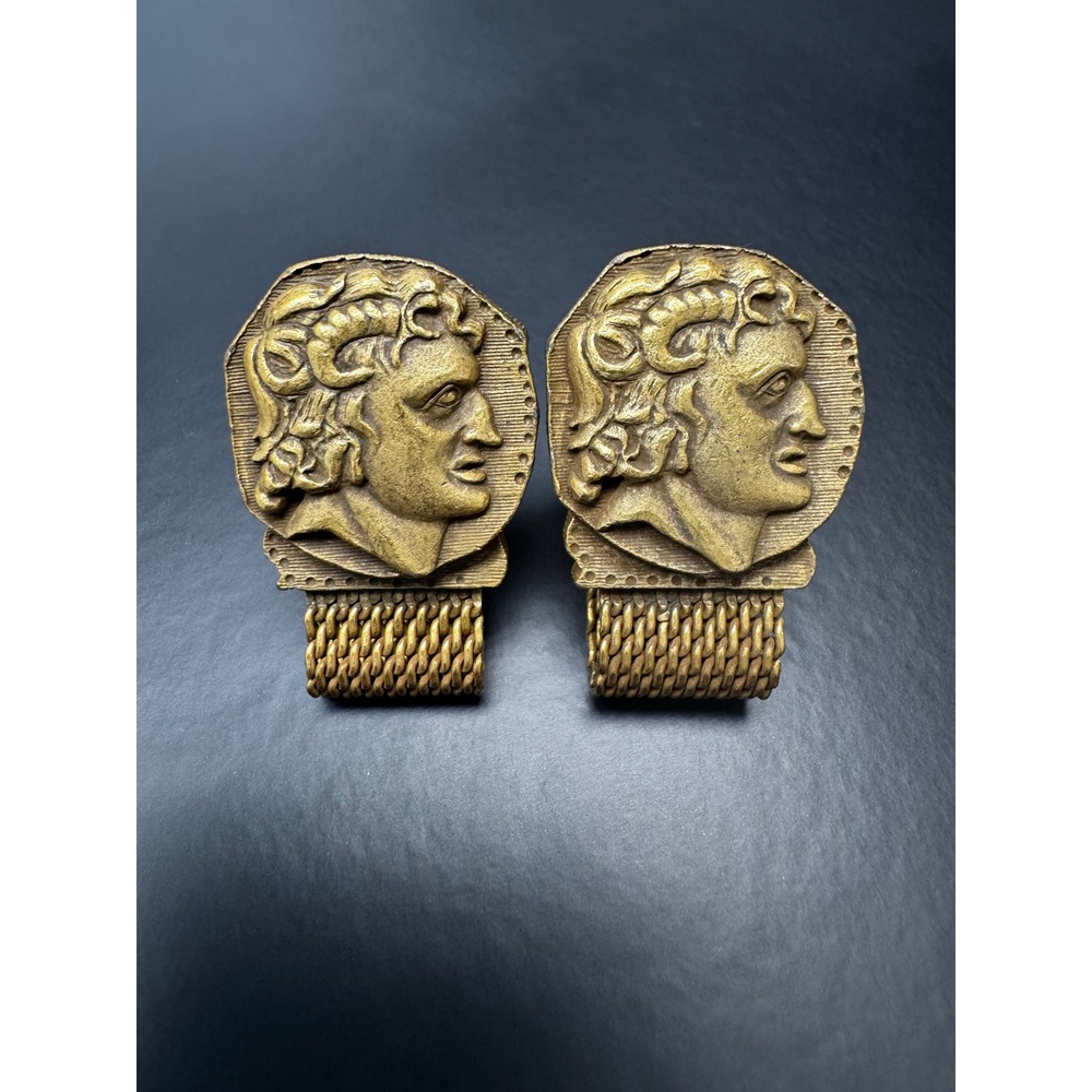 Vintage Swank Alexander the Great Greek Coin Cufflinks Gold Tone Mesh Wrap 1960s